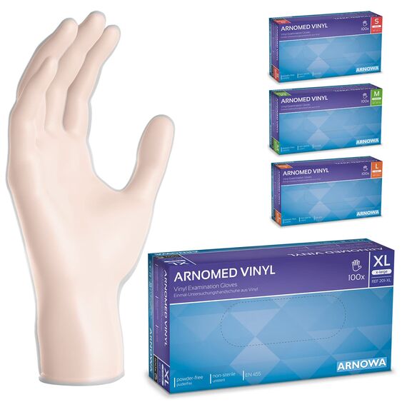 ARNOMED Einweghandschuhe XL, Vinyl Handschuhe, Einmalhandschuhe mit 100 Stück/Box, Handschuhe Einweg puderfrei, Gummihandschuhe Einweg latexfrei, Einweg Handschuhe, Einmalhandschuhe in S, M, L, XL