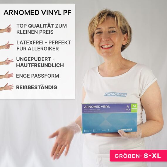 ARNOMED Einweghandschuhe L, Vinyl Handschuhe 1000 Stk (10x100 Stk), Einmalhandschuhe, Handschuhe Einweg puderfrei, Gummihandschuhe Einweg latexfrei, Einweg Handschuhe, Einmalhandschuhe in S, M, L, XL