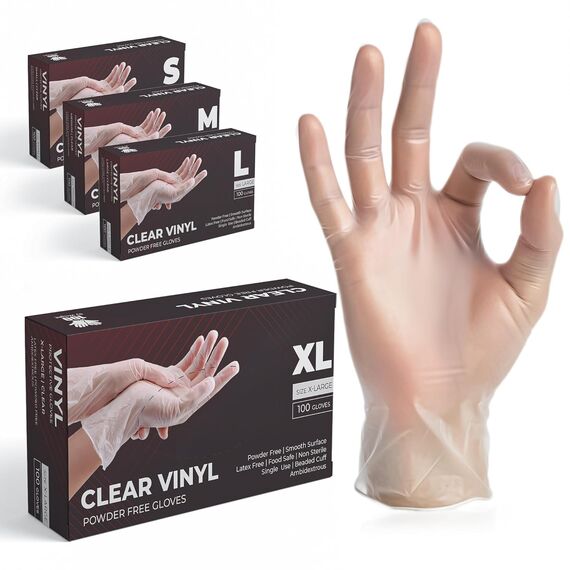 The Real Touch Einweghandschuhe, Transparente Vinylhandschuhe - Box mit 100 Stück, Einmalhandschuhe Puderfrei und Latexfrei, Vinyl Handschuhe Einweg für Küche, Reinigung und Lebensmittel (XL)