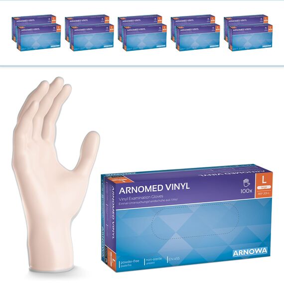 ARNOMED Einweghandschuhe L, Vinyl Handschuhe 1000 Stk (10x100 Stk), Einmalhandschuhe, Handschuhe Einweg puderfrei, Gummihandschuhe Einweg latexfrei, Einweg Handschuhe, Einmalhandschuhe in S, M, L, XL