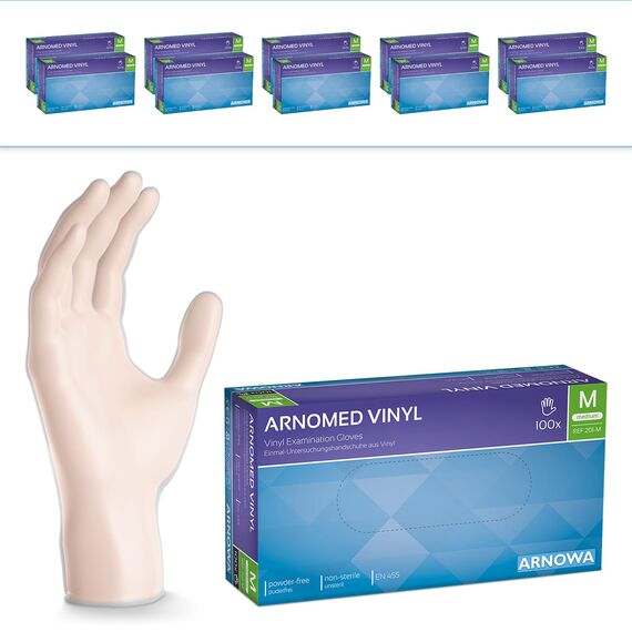 ARNOMED Einweghandschuhe M, Vinyl Handschuhe 1000 Stk (10x100 Stk), Einmalhandschuhe, Handschuhe Einweg puderfrei, Gummihandschuhe Einweg latexfrei, Einweg Handschuhe, Einmalhandschuhe in S, M, L, XL
