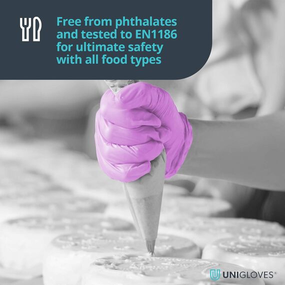 UNIGLOVES Violet Pearl Nitril-Untersuchungshandschuhe - vielseitig einsetzbar, puderfreie und latexfreie Einweghandschuhe - Box mit 100 Handschuhen, Violett, Mittel (GP0073)