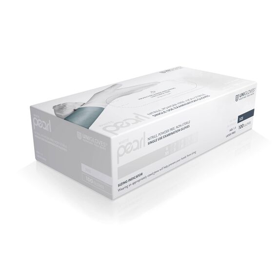 UNIGLOVES White Pearl Nitril-Untersuchungshandschuhe - vielseitig einsetzbar, puderfreie und latexfreie Einweghandschuhe - Box mit 100 Handschuhen, Weiß, Mittel (GP0023)