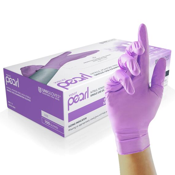 UNIGLOVES Violet Pearl Nitril-Untersuchungshandschuhe - vielseitig einsetzbar, puderfreie und latexfreie Einweghandschuhe - Box mit 100 Handschuhen, Violett, Klein (GP0072)