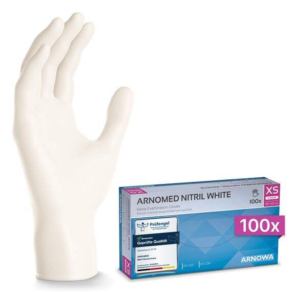 ARNOMED Nitril Einweghandschuhe 100 Stück/Box, XS, weiß, latexfreie Einmalhandschuhe, puderfreie Nitrilhandschuhe, in Gr. S, M, L & XL verfügbar