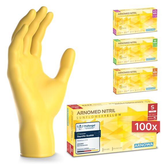 ARNOMED Einweghandschuhe Gelb 100 Stück/Box, Einmalhandschuhe S, Nitrilhandschuhe, Handschuhe Einweg puderfrei, latexfreie Gummihandschuhe, Einweghandschuhe in XS, S, M & L verfügbar