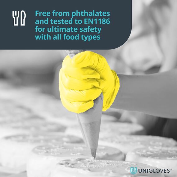 UNIGLOVES Yellow Pearl Nitril-Untersuchungshandschuhe - vielseitig einsetzbar, puderfreie und latexfreie Einweghandschuhe - Box mit 100 Handschuhen, Gelb, Klein (GP0112)