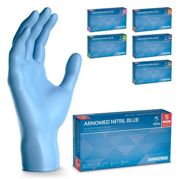 500 Stück ARNOMED Einweghandschuhe Blau, Einmalhandschuhe S, Nitril Handschuhe, Nitrilhandschuhe puderfrei, Gummi-Handschuhe Einweg, Schutzhandschuhe, Handschuhe Nitril in XS, S, M, L, XL, XXL