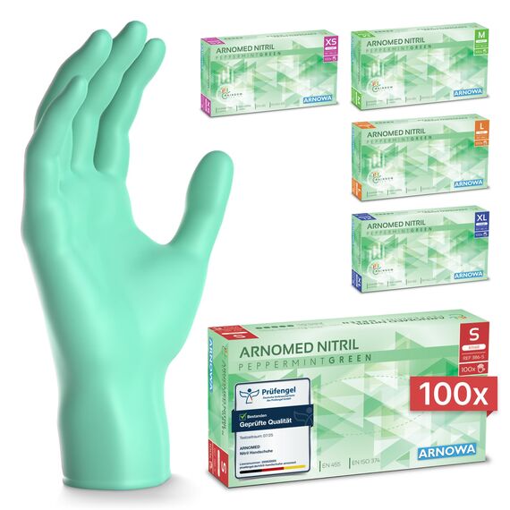 ARNOMED Einweghandschuhe Grün 100 Stück/Box, Einmalhandschuhe S, Nitrilhandschuhe, Handschuhe Einweg puderfrei, latexfreie Gummihandschuhe, Einweghandschuhe in XS, S, M, L & XL verfügbar