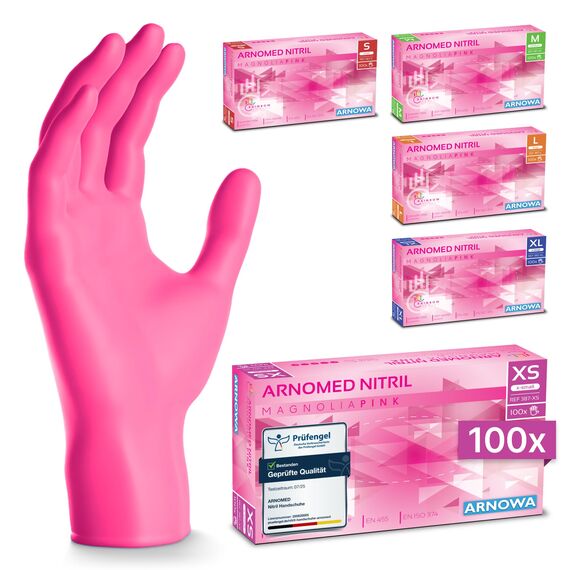 ARNOMED Einweghandschuhe Pink mit 100 Stück/Box, Einmalhandschuhe XS, Nitrilhandschuhe, Handschuhe Einweg puderfrei, latexfreie Gummihandschuhe, Einweghandschuhe in XS, S, M, L & XL verfügbar