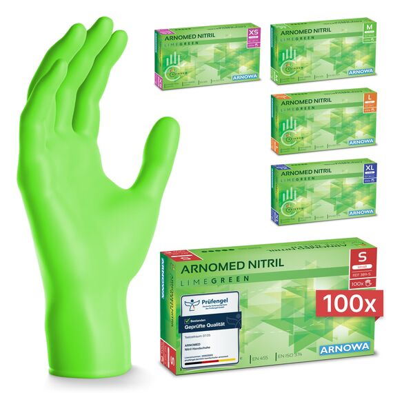 100x ARNOMED Einweghandschuhe Grün, Nitrilhandschuhe S, Einmalhandschuhe, Handschuhe Einweg puderfrei, latexfreie Gummihandschuhe, Einweghandschuhe in XS, S, M, L & XL verfügbar