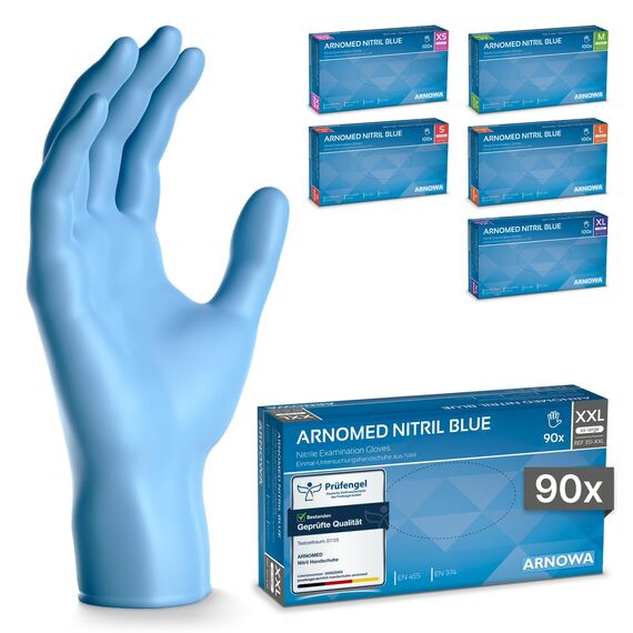 ARNOMED Nitril Einweghandschuhe 90 Stück/Box, XXL, puderfreie & latexfreie Einmalhandschuhe, Blaue Nitrilhandschuhe, in Gr. XS, S, M, L, XL & XXL verfügbar
