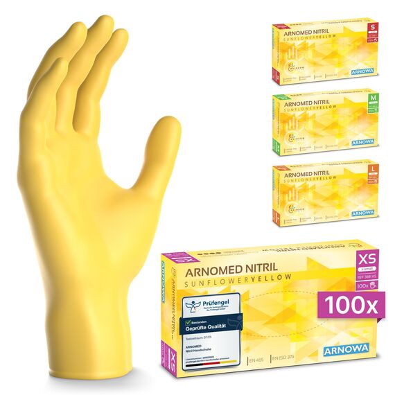 ARNOMED Einweghandschuhe Gelb 100 Stück/Box, Einmalhandschuhe XS, Nitrilhandschuhe, Handschuhe Einweg puderfrei, latexfreie Gummihandschuhe, Einweghandschuhe in XS, S, M & L verfügbar