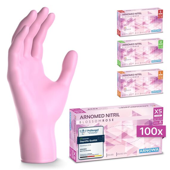 ARNOMED Einweghandschuhe Pink 100 Stück/Box, Einmalhandschuhe XS, Nitrilhandschuhe, Handschuhe Einweg puderfrei, latexfreie Gummihandschuhe, Einweghandschuhe in XS, S, M & L verfügbar