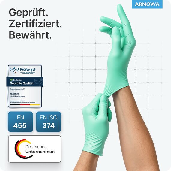 ARNOMED Einweghandschuhe Grün 100 Stück/Box, Nitrilhandschuhe M, Einmalhandschuhe, Handschuhe Einweg puderfrei, latexfreie Gummihandschuhe, Einweghandschuhe in XS, S, M, L & XL verfügbar