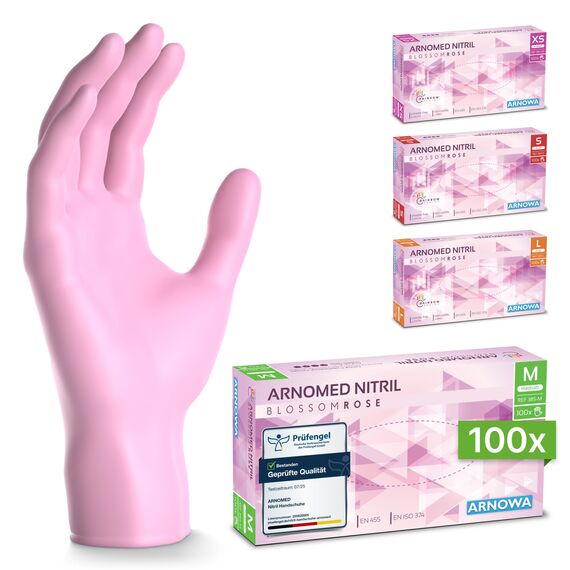 ARNOMED Einweghandschuhe Pink 100 Stück/Box, Nitrilhandschuhe M, Einmalhandschuhe, Handschuhe Einweg puderfrei, latexfreie Gummihandschuhe, Einweghandschuhe in XS, S, M & L verfügbar