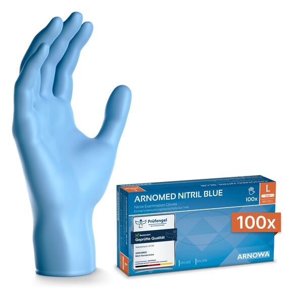 ARNOMED Nitril Einweghandschuhe 100 Stück/Box, L, puderfreie & latexfreie Einmalhandschuhe, Blaue Nitrilhandschuhe, in Gr. XS, S, M, L, XL & XXL verfügbar