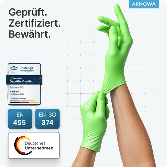 100x ARNOMED Einweghandschuhe Grün, Nitrilhandschuhe XS, Einmalhandschuhe, Handschuhe Einweg puderfrei, latexfreie Gummihandschuhe, Einweghandschuhe in XS, S, M, L & XL verfügbar