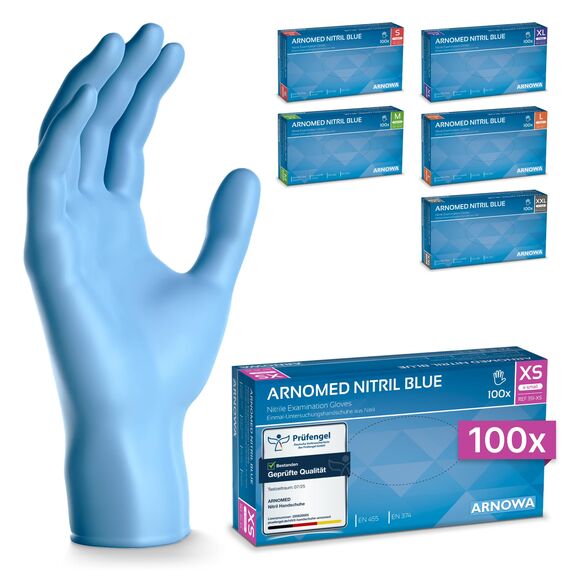ARNOMED Nitril Einweghandschuhe 100 Stück/Box, XS, puderfreie & latexfreie Einmalhandschuhe, Blaue Nitrilhandschuhe, in Gr. XS, S, M, L, XL & XXL verfügbar