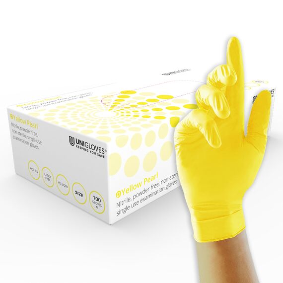 UNIGLOVES Yellow Pearl Nitril-Untersuchungshandschuhe - vielseitig einsetzbar, puderfreie und latexfreie Einweghandschuhe - Box mit 100 Handschuhen, Gelb, Klein (GP0112)