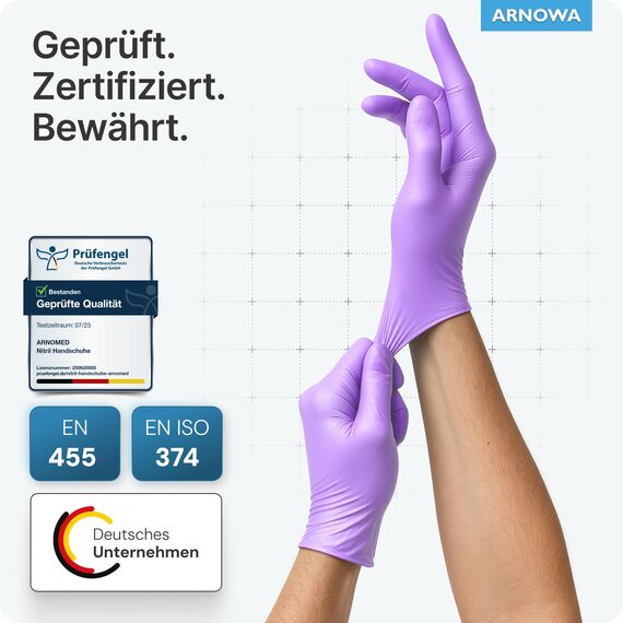 ARNOMED Einweghandschuhe Lila 100 Stück/Box, Einmalhandschuhe XS, Nitrilhandschuhe, Handschuhe Einweg puderfrei, latexfreie Gummihandschuhe, Einweghandschuhe in XS, S, M, L & XL verfügbar