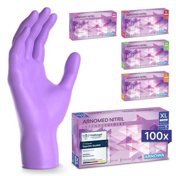 ARNOMED Einweghandschuhe Lila 100 Stück/Box, Nitrilhandschuhe XL, Einmalhandschuhe, Handschuhe Einweg puderfrei, latexfreie Gummihandschuhe, Einweghandschuhe in XS, S, M, L & XL verfügbar