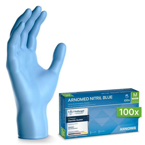 ARNOMED Nitril Einweghandschuhe 100 Stück/Box, M, puderfreie & latexfreie Einmalhandschuhe, Blaue Nitrilhandschuhe, in Gr. XS, S, M, L, XL & XXL verfügbar