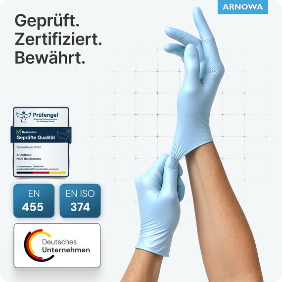 ARNOMED Einweghandschuhe Hellblau 100 Stück/Box, Nitrilhandschuhe M, Einmalhandschuhe, Handschuhe Einweg puderfrei, latexfreie Gummihandschuhe, Einweghandschuhe in XS, S, M, L & XL verfügbar
