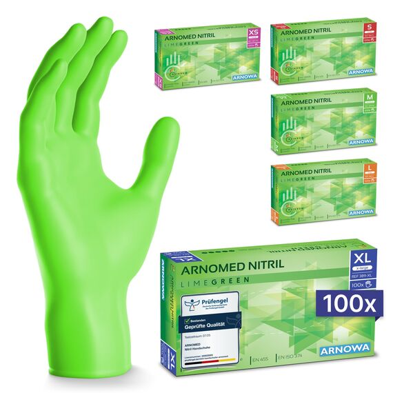 ARNOMED Einweghandschuhe Grün 100 Stück/Box, Nitrilhandschuhe XL, Einmalhandschuhe, Handschuhe Einweg puderfrei, latexfreie Gummihandschuhe, Einweghandschuhe in XS, S, M, L & XL verfügbar