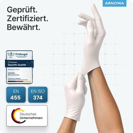 ARNOMED Nitril Einweghandschuhe 100 Stück/Box, XL, weiß, latexfreie Einmalhandschuhe, puderfreie Nitrilhandschuhe, in Gr. S, M, L & XL verfügbar