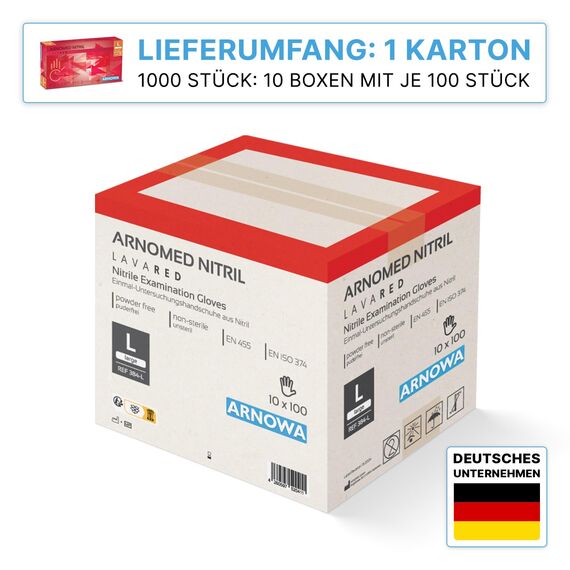 1000 Stück ARNOMED Einweghandschuhe Rot, Einmalhandschuhe L, Nitril Handschuhe Einweg, Nitrilhandschuhe puderfrei, Gummihandschuhe Einweg, Schutzhandschuhe, Handschuhe Nitril in XS, S, M, L, XL