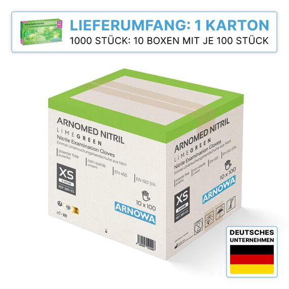 1000 Stück ARNOMED Einweghandschuhe Grün, Einmalhandschuhe XS, Nitril Handschuhe Einweg, Nitrilhandschuhe puderfrei, Gummihandschuhe Einweg, Schutzhandschuhe, Handschuhe Nitril in XS, S, M, L, XL