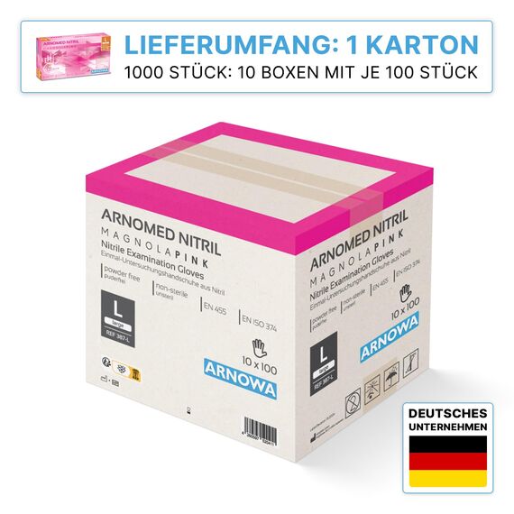 1000 Stück ARNOMED Einweghandschuhe Pink, Einmalhandschuhe L, Nitril Handschuhe, Nitrilhandschuhe puderfrei, Gummi-Handschuhe Einweg, Schutzhandschuhe, Handschuhe Nitril in XS, S, M, L, XL