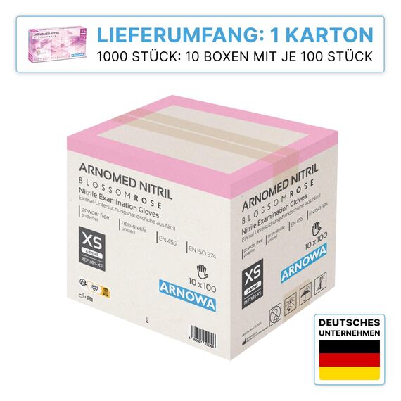 1000 Stück (10x100) ARNOMED Einweghandschuhe Rosa, Einmalhandschuhe XS, Nitril Handschuhe Einweg, Nitrilhandschuhe puderfrei, Gummihandschuhe Einweg, Schutzhandschuhe, Handschuhe Nitril in XS, S, M, L