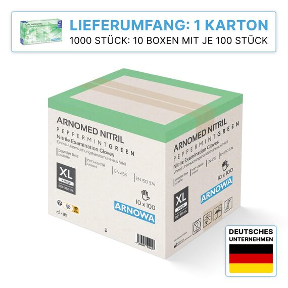 1000 Stk (10x100) ARNOMED Einweghandschuhe Grün, Einmalhandschuhe XL, Nitril Handschuhe Einweg, Nitrilhandschuhe puderfrei, Gummihandschuhe Einweg, Schutzhandschuhe, Handschuhe Nitril XS, S, M, L, XL