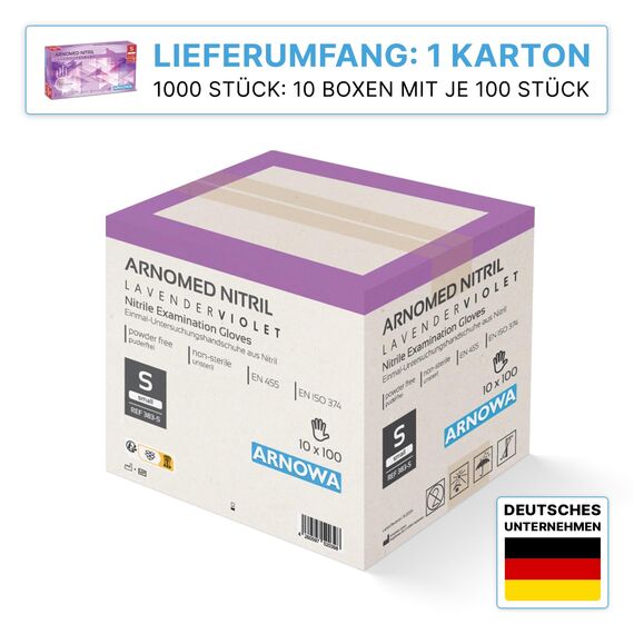 1000 Stück ARNOMED Einweghandschuhe Lila, Einmalhandschuhe S, Nitril Handschuhe Einweg, Nitrilhandschuhe puderfrei, Gummihandschuhe Einweg, Schutzhandschuhe, Handschuhe Nitril in XS, S, M, L, XL