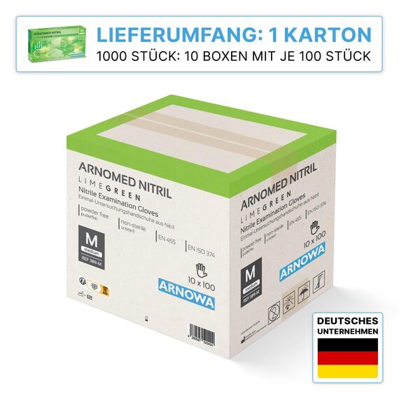 1000 Stück ARNOMED Einweghandschuhe Grün, Einmalhandschuhe M, Nitril Handschuhe Einweg, Nitrilhandschuhe puderfrei, Gummihandschuhe Einweg, Schutzhandschuhe, Handschuhe Nitril in XS, S, M, L, XL
