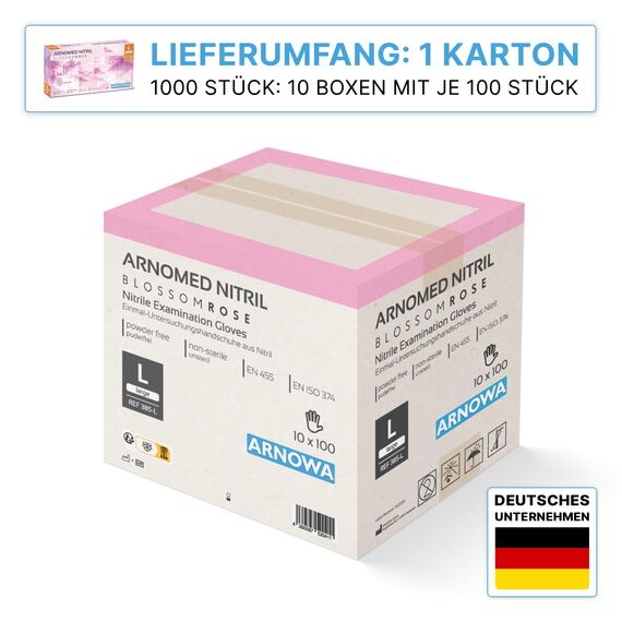 1000 Stück (10x100) ARNOMED Einweghandschuhe Rosa, Einmalhandschuhe L, Nitril Handschuhe Einweg, Nitrilhandschuhe puderfrei, Gummihandschuhe Einweg, Schutzhandschuhe, Handschuhe Nitril in XS, S, M, L