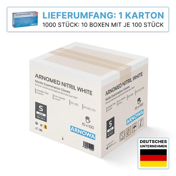 1000 Stück ARNOMED Einweghandschuhe Weiß, Einmalhandschuhe S, Nitril Handschuhe Einweg, Nitrilhandschuhe puder-/latexfrei, Gummihandschuhe Einweg, Schutzhandschuhe, Handschuhe Nitril XS, S, M, L, XL