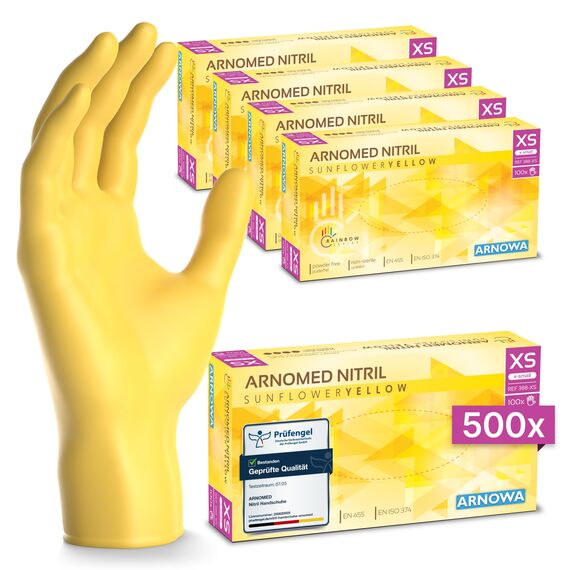 500 Stk (5x100) ARNOMED Einweghandschuhe Gelb, Einmalhandschuhe XS, Nitril Handschuhe Einweg, Nitrilhandschuhe puderfrei, Gummihandschuhe Einweg, Schutzhandschuhe, Handschuhe Nitril in S, M, L, XL