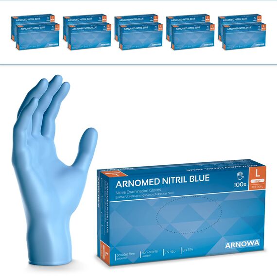 1000 Stück ARNOMED Einweghandschuhe Blau, Einmalhandschuhe L, Nitril Handschuhe, Nitrilhandschuhe puderfrei, Gummi-Handschuhe Einweg, Schutzhandschuhe, Handschuhe Nitril in XS, S, M, L, XL, XXL