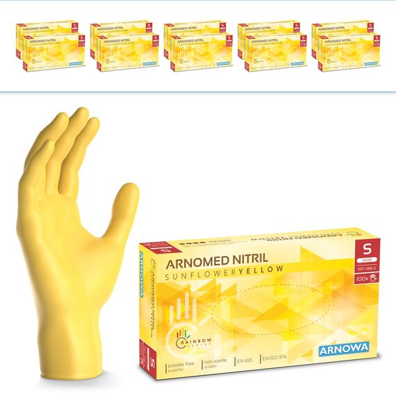 1000 Stk (10x100) ARNOMED Einweghandschuhe Gelb, Einmalhandschuhe S, Nitril Handschuhe Einweg, Nitrilhandschuhe puderfrei, Gummihandschuhe Einweg, Schutzhandschuhe, Handschuhe Nitril in S, M, L, XL