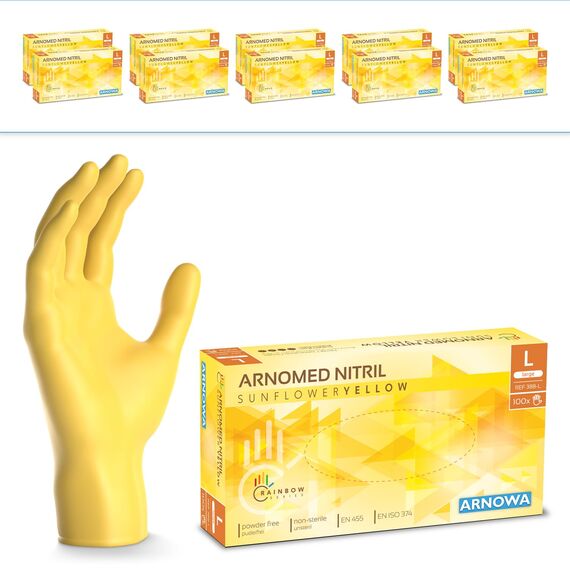 1000 Stk (10x100) ARNOMED Einweghandschuhe Gelb, Einmalhandschuhe L, Nitril Handschuhe Einweg, Nitrilhandschuhe puderfrei, Gummihandschuhe Einweg, Schutzhandschuhe, Handschuhe Nitril in S, M, L, XL