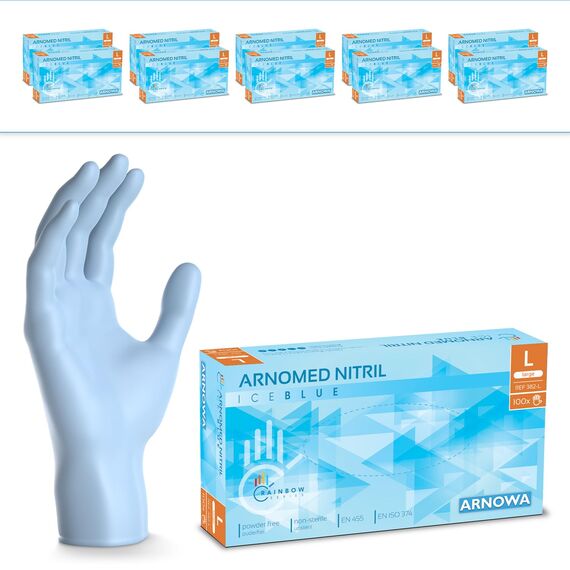 1000 Stück ARNOMED Einweghandschuhe Hellblau, Einmalhandschuhe L, Nitril Handschuhe Einweg, Nitrilhandschuhe puderfrei, Gummihandschuhe Einweg, Schutzhandschuhe, Handschuhe Nitril in XS, S, M, L, XL