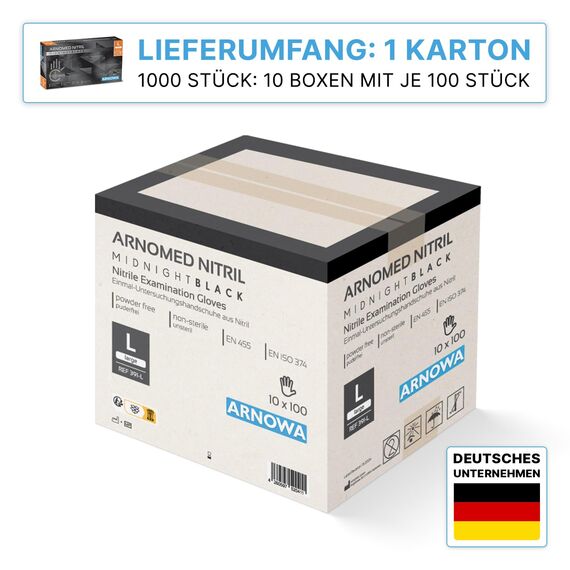 1000 Stück (10x100) ARNOMED Einweghandschuhe Schwarz, Einmalhandschuhe L, Nitril Handschuhe Einweg, Nitrilhandschuhe puderfrei, Gummihandschuhe Einweg, Schutzhandschuhe Nitril in XS, S, M, L, XL, XXL