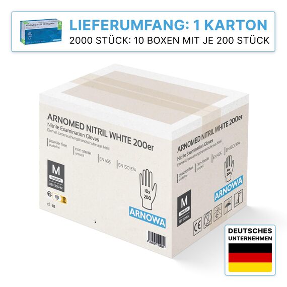 2000x ARNOMED Einweghandschuhe Weiß, Einmalhandschuhe M, Handschuhe Einweg (10x200 Stk), Gummihandschuhe puderfrei, latexfreie Nitrilhandschuhe in S, M, L, XL, Putzhandschuhe, Koch-/Küchen-Handschuhe