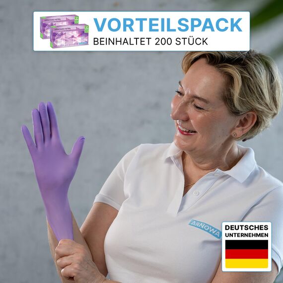 400x ARNOMED Einweghandschuhe Lila (4x100 Stück), Einmalhandschuhe S, Nitril Handschuhe Einweg, Nitrilhandschuhe puderfrei, Gummihandschuhe Einweg, Schutzhandschuhe, Handschuhe Nitril XS, S, M, L, XL