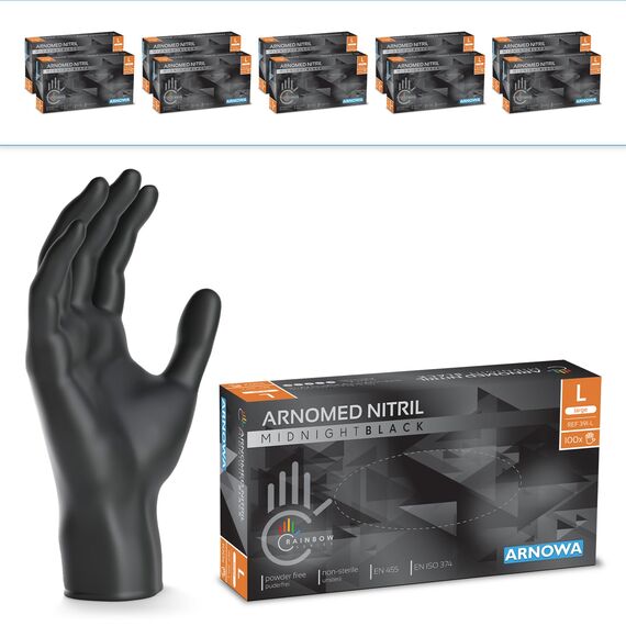 1000 Stück (10x100) ARNOMED Einweghandschuhe Schwarz, Einmalhandschuhe L, Nitril Handschuhe Einweg, Nitrilhandschuhe puderfrei, Gummihandschuhe Einweg, Schutzhandschuhe Nitril in XS, S, M, L, XL, XXL
