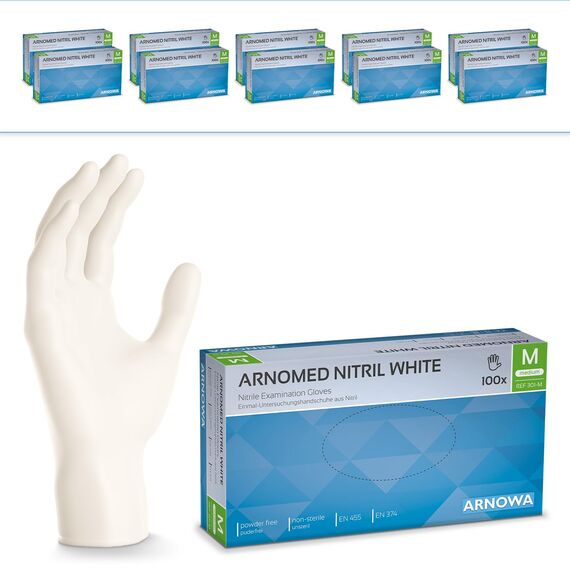 1000 Stück ARNOMED Einweghandschuhe Weiß, Einmalhandschuhe M, Nitril Handschuhe Einweg, Nitrilhandschuhe puder-/latexfrei, Gummihandschuhe Einweg, Schutzhandschuhe, Handschuhe Nitril XS, S, M, L, XL
