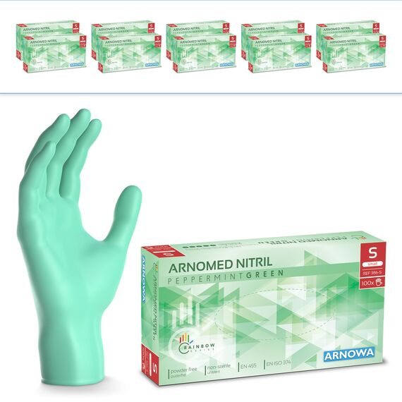 1000 Stk (10x100) ARNOMED Einweghandschuhe Grün, Einmalhandschuhe S, Nitril Handschuhe Einweg, Nitrilhandschuhe puderfrei, Gummihandschuhe Einweg, Schutzhandschuhe, Handschuhe Nitril XS, S, M, L, XL